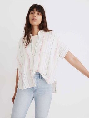Madewell Rainbow Stripe Linen Blend Shirt S Oversized Coastal Boho Beach Chic